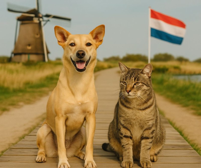 Hund und Katze vor einer Windmühle und einer niederländischen Flagge